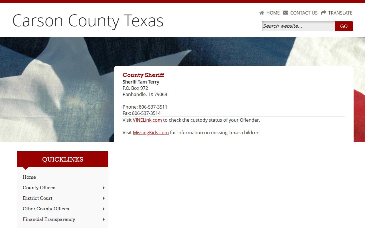 Carson County Sheriff and jail contact used for Armstrong County detainees