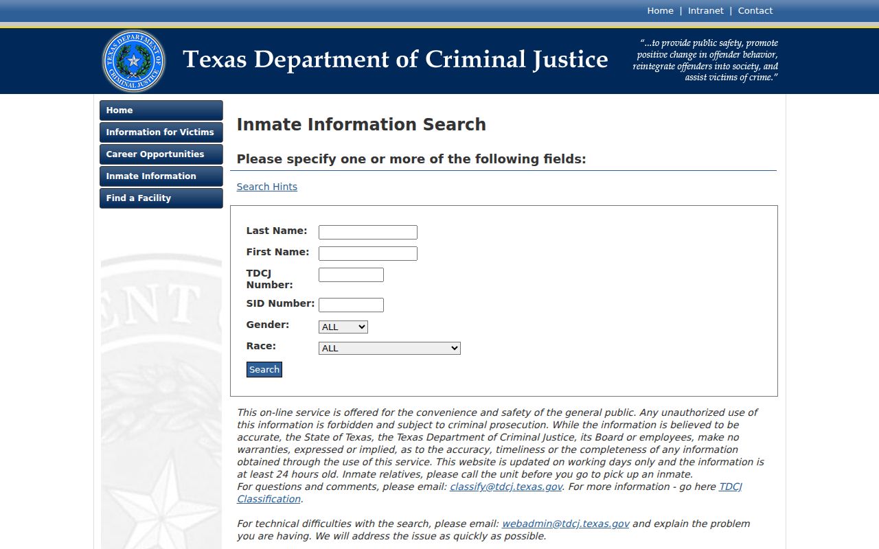 TDCJ Online Inmate Search for Texas state custody