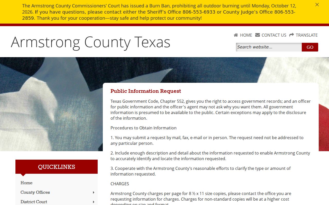 Armstrong County criminal record public information request instructions