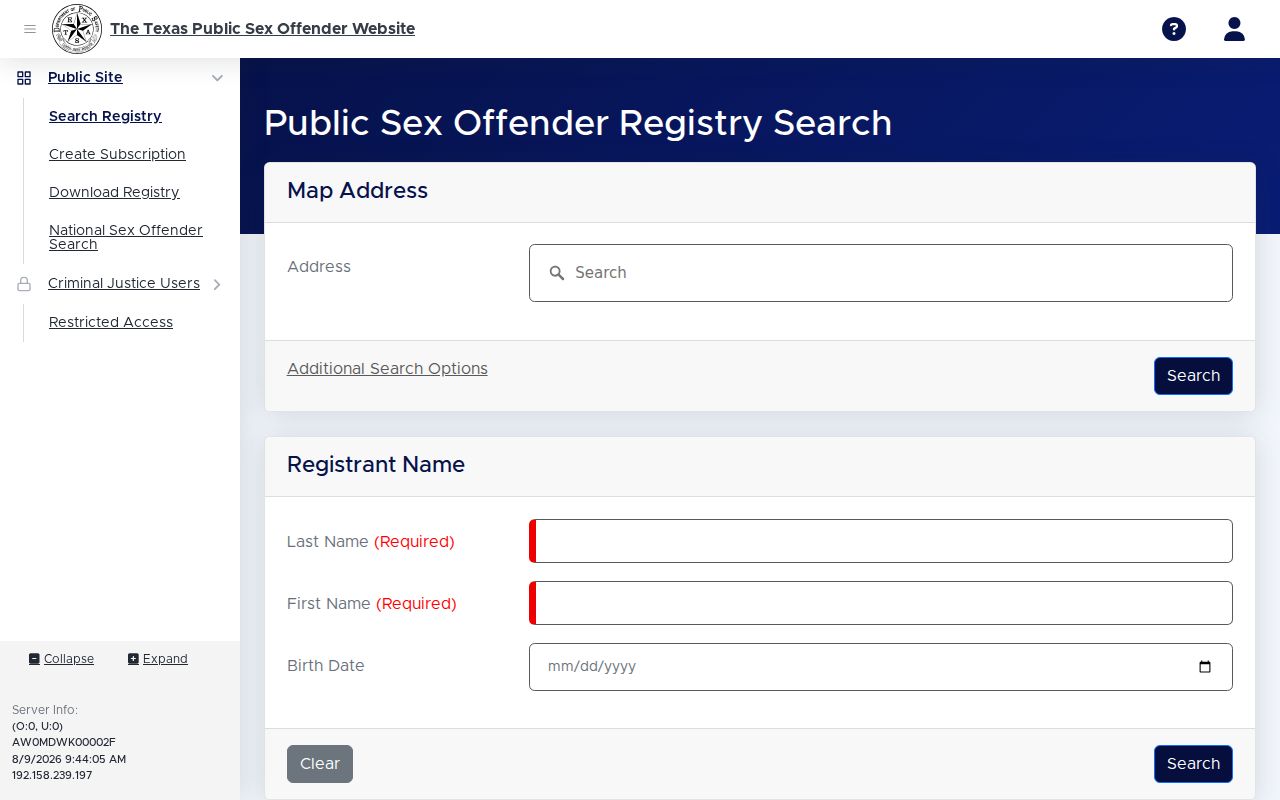 Armstrong County sex offender check on the Texas registry search form